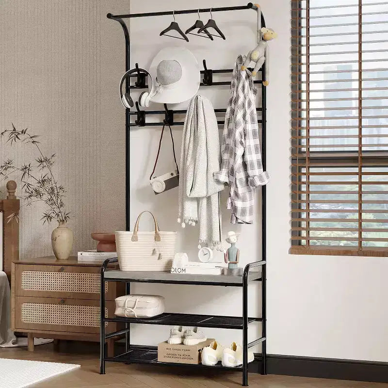 Entryway Hall Tree, 4-in-1 Freestanding Coat Rack w/Shoe Storage Bench, 3-Tier Shelf, Hanging Rod & 8 Adjustable Hooks for Entryway Bedroom