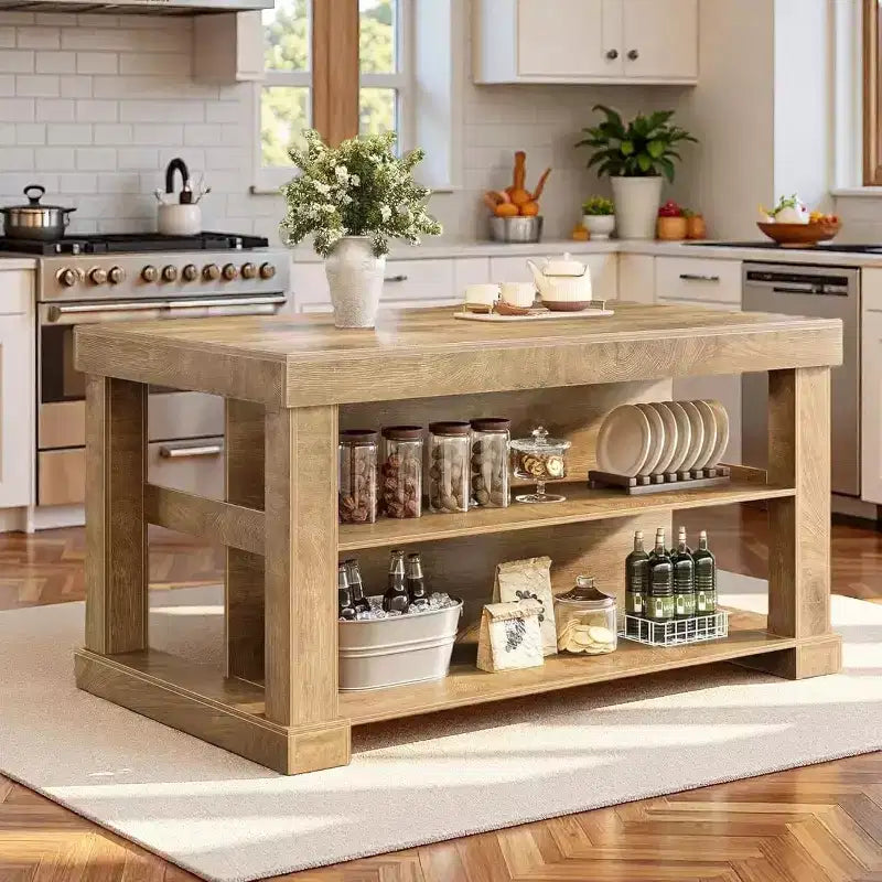 Lantine 55-Inch Farmhouse Kitchen Island with Storage, 3-Tier Wooden Center Bar Table with Large Countertop for Kitchen, Dining Room, Rustic Brown