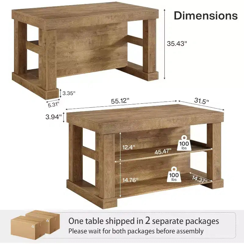 Isola da Cucina Rustica da 55" con 3 Ripiani Contenitori, Piano Lavoro ad Altezza Bar, Capacità 350 lb