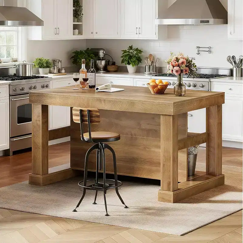 Isola da Cucina Rustica da 55" con 3 Ripiani Contenitori, Piano Lavoro ad Altezza Bar, Capacità 350 lb