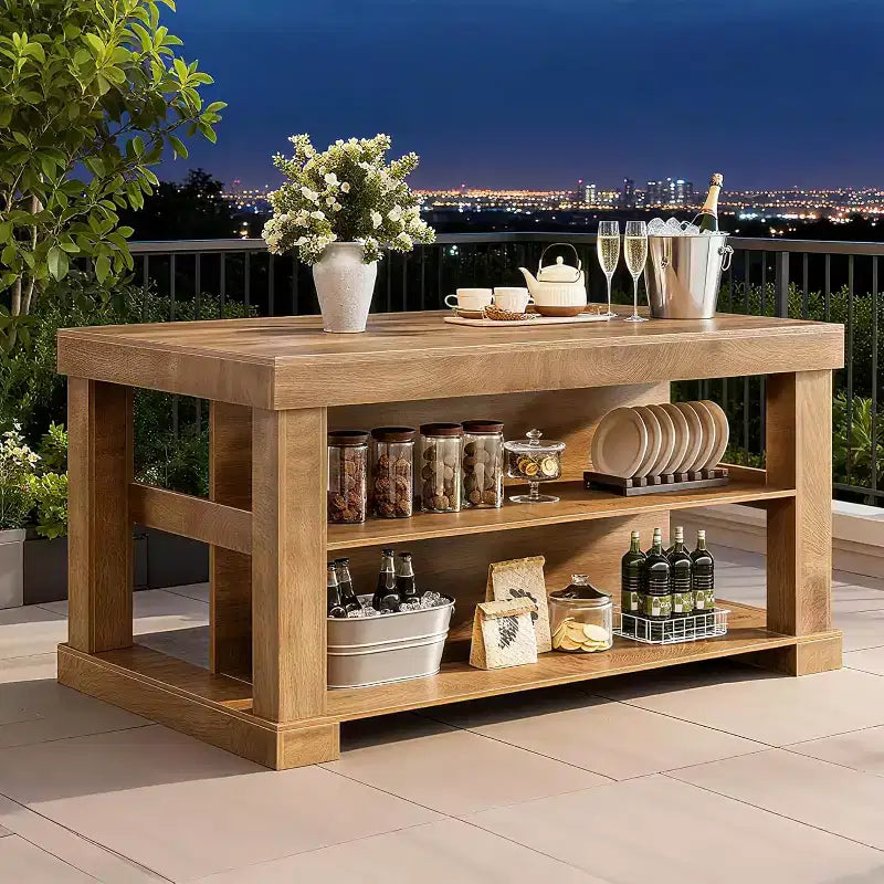55" Farmhouse Kitchen Island with 3-Tier Storage, Bar-Height Countertop, 350 lb Capacity