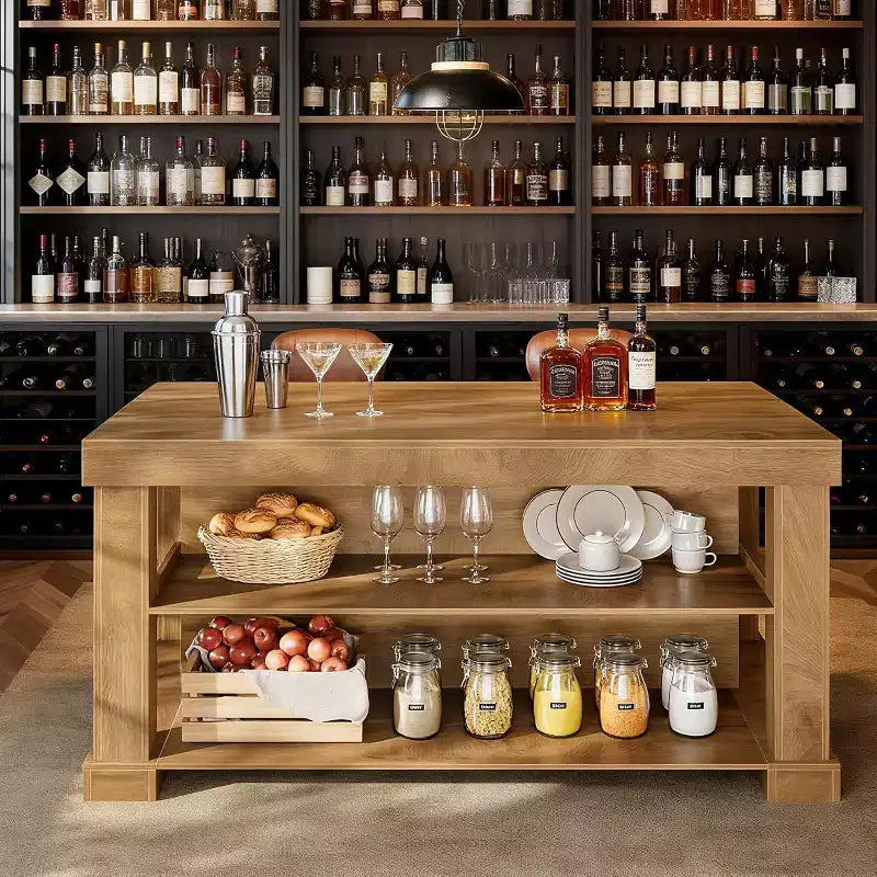Isola da Cucina Rustica da 55" con 3 Ripiani Contenitori, Piano Lavoro ad Altezza Bar, Capacità 350 lb
