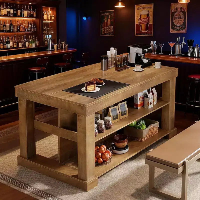 Isola da Cucina Rustica da 55" con 3 Ripiani Contenitori, Piano Lavoro ad Altezza Bar, Capacità 350 lb