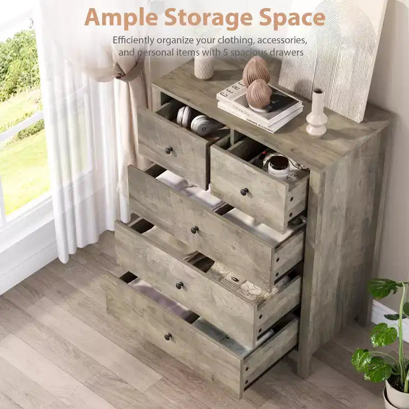 Comò a 5 cassetti - Mobile contenitore moderno in legno da 55 pollici con design antiribaltamento per camera da letto, soggiorno, ingresso, corridoio e ufficio