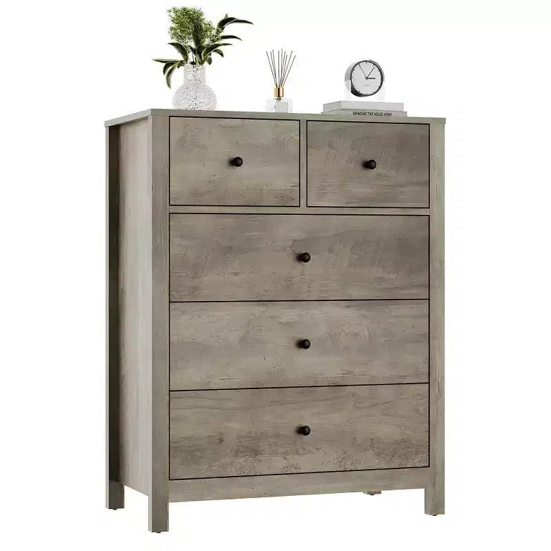 Comò a 5 cassetti - Mobile contenitore moderno in legno da 55 pollici con design antiribaltamento per camera da letto, soggiorno, ingresso, corridoio e ufficio