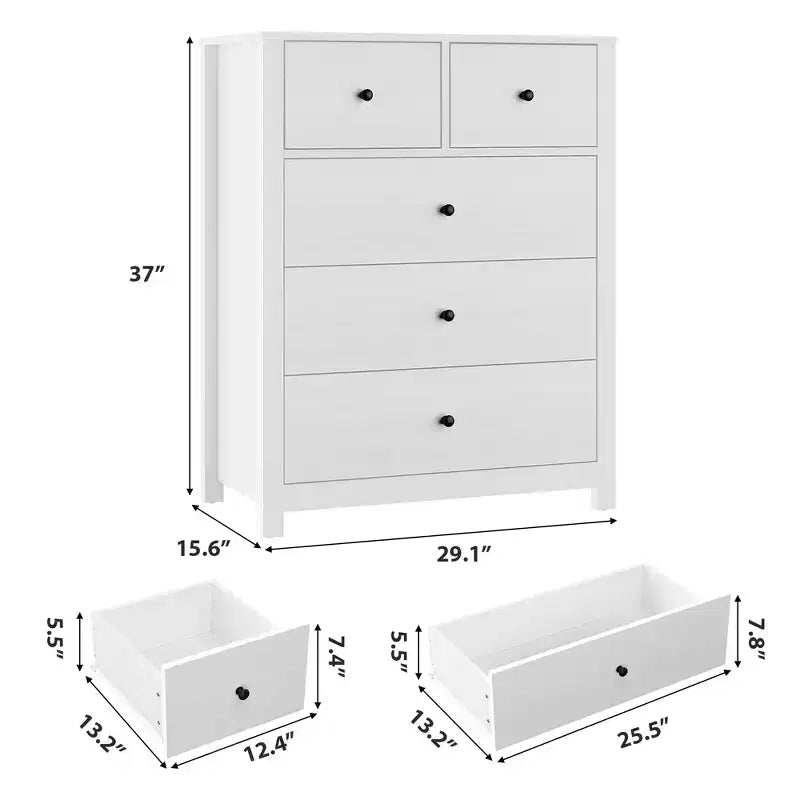Comò a 5 cassetti - Mobile contenitore moderno in legno da 55 pollici con design antiribaltamento per camera da letto, soggiorno, ingresso, corridoio e ufficio