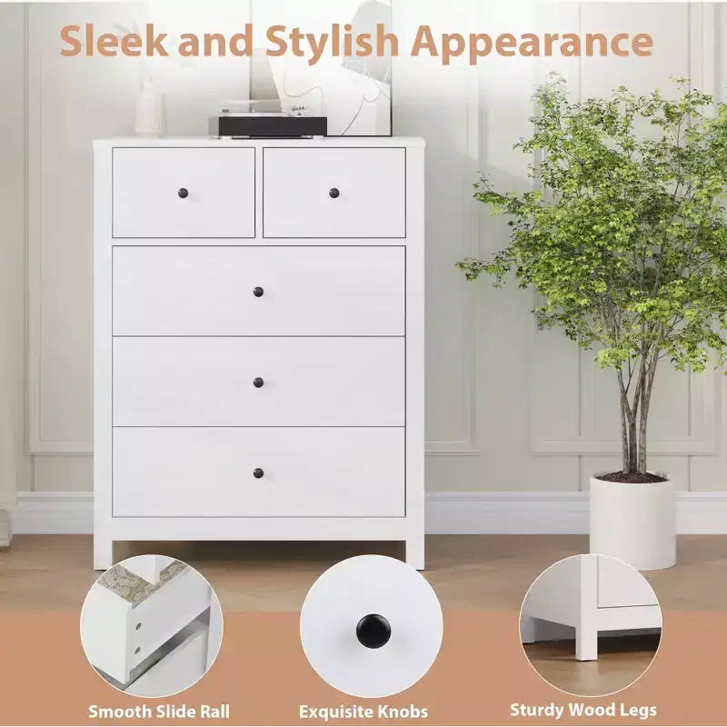 Comò a 5 cassetti - Mobile contenitore moderno in legno da 55 pollici con design antiribaltamento per camera da letto, soggiorno, ingresso, corridoio e ufficio