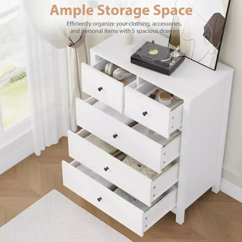 Comò a 5 cassetti - Mobile contenitore moderno in legno da 55 pollici con design antiribaltamento per camera da letto, soggiorno, ingresso, corridoio e ufficio