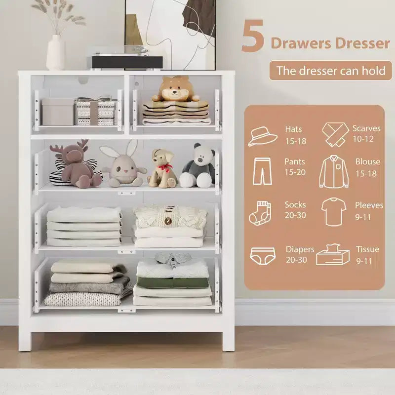 Comò a 5 cassetti - Mobile contenitore moderno in legno da 55 pollici con design antiribaltamento per camera da letto, soggiorno, ingresso, corridoio e ufficio