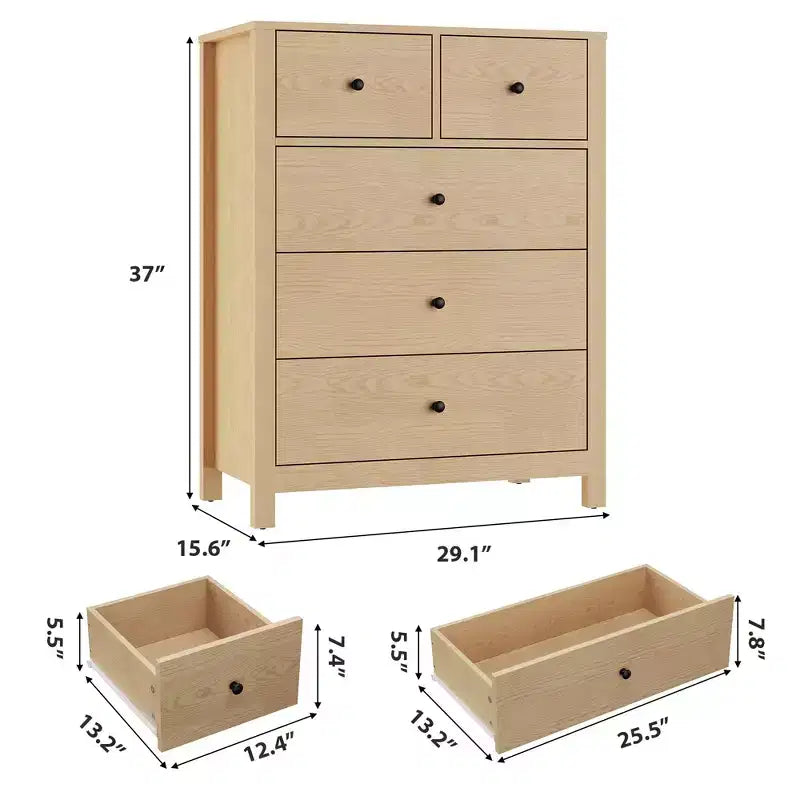 Comò a 5 cassetti - Mobile contenitore moderno in legno da 55 pollici con design antiribaltamento per camera da letto, soggiorno, ingresso, corridoio e ufficio