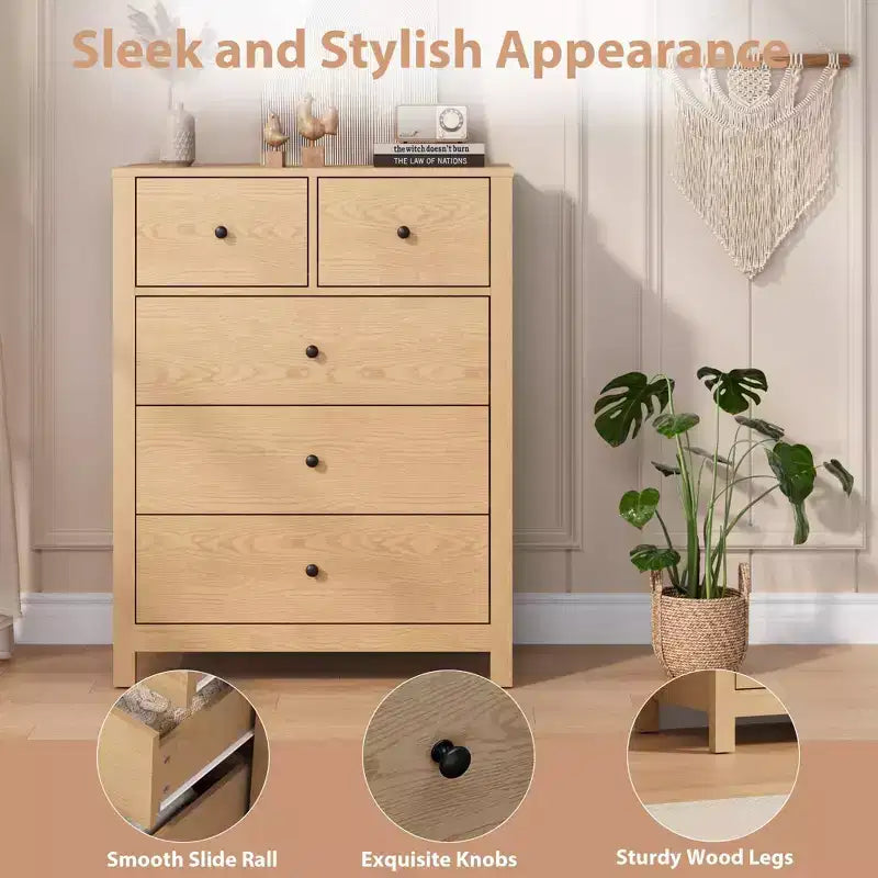 Comò a 5 cassetti - Mobile contenitore moderno in legno da 55 pollici con design antiribaltamento per camera da letto, soggiorno, ingresso, corridoio e ufficio