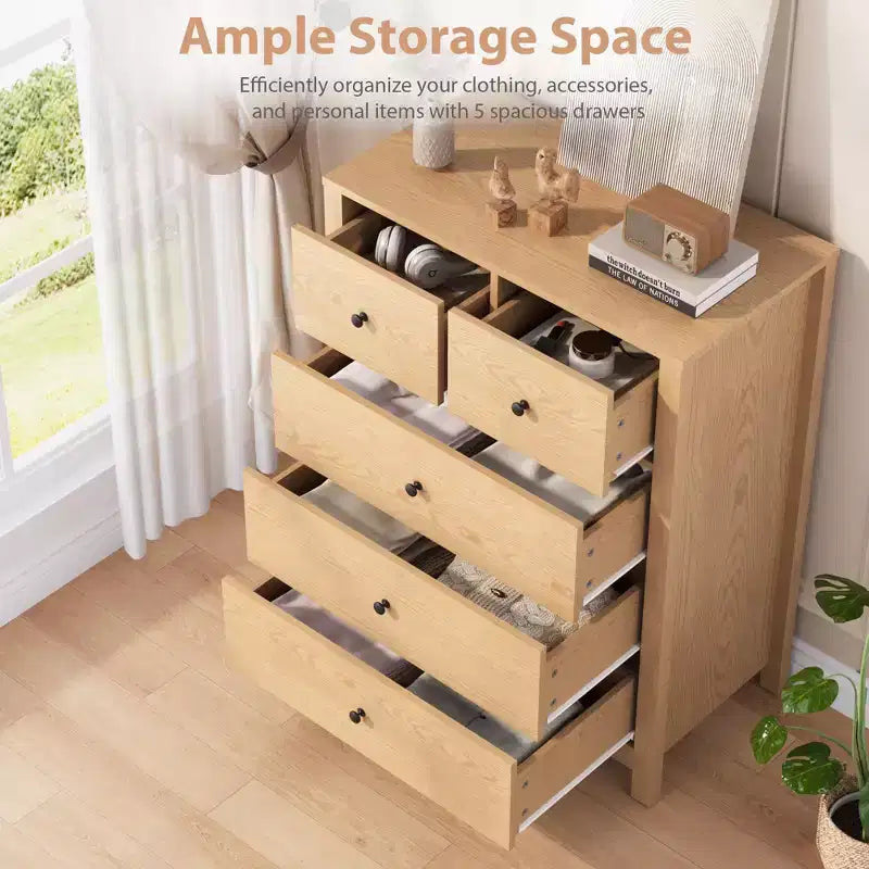 Comò a 5 cassetti - Mobile contenitore moderno in legno da 55 pollici con design antiribaltamento per camera da letto, soggiorno, ingresso, corridoio e ufficio