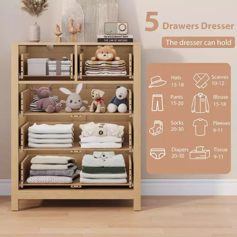 Comò a 5 cassetti - Mobile contenitore moderno in legno da 55 pollici con design antiribaltamento per camera da letto, soggiorno, ingresso, corridoio e ufficio