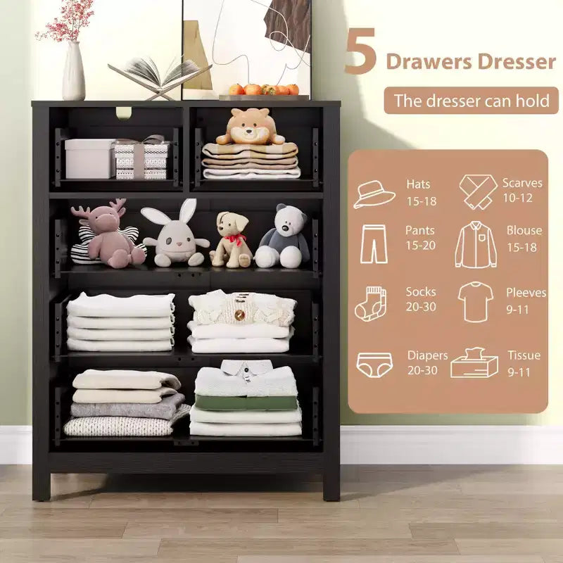 Comò a 5 cassetti - Mobile contenitore moderno in legno da 55 pollici con design antiribaltamento per camera da letto, soggiorno, ingresso, corridoio e ufficio