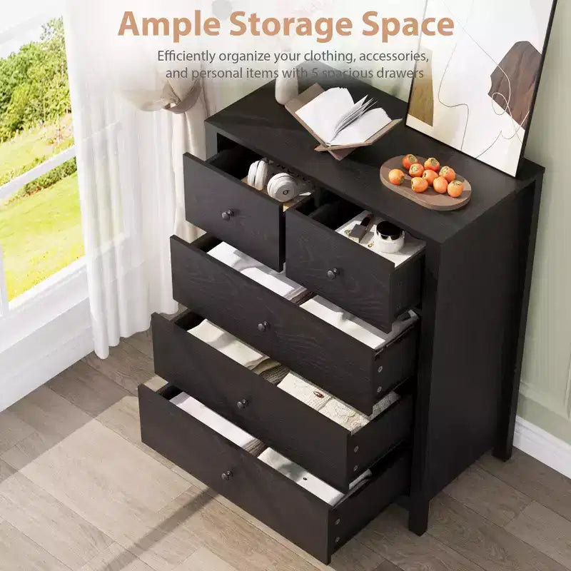 Comò a 5 cassetti - Mobile contenitore moderno in legno da 55 pollici con design antiribaltamento per camera da letto, soggiorno, ingresso, corridoio e ufficio