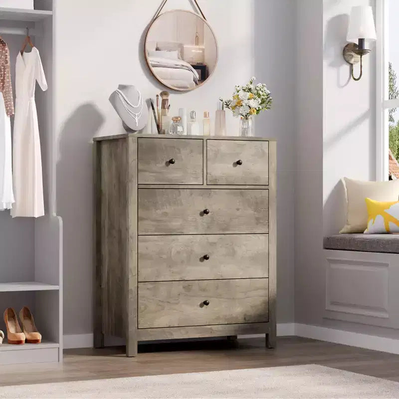 Comò a 5 cassetti - Mobile contenitore moderno in legno da 55 pollici con design antiribaltamento per camera da letto, soggiorno, ingresso, corridoio e ufficio