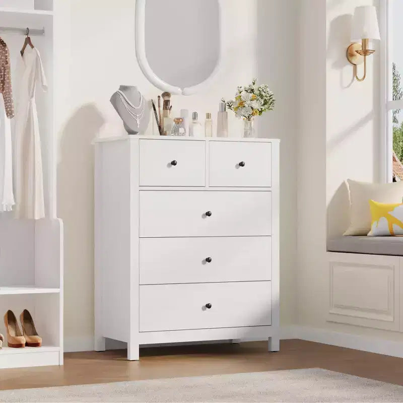 Comò a 5 cassetti - Mobile contenitore moderno in legno da 55 pollici con design antiribaltamento per camera da letto, soggiorno, ingresso, corridoio e ufficio