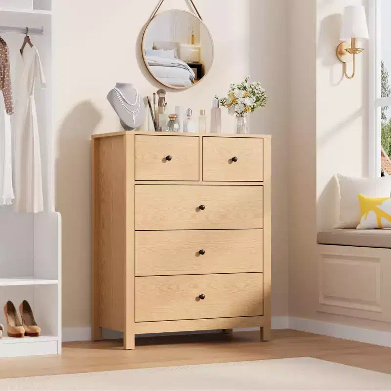 Comò a 5 cassetti - Mobile contenitore moderno in legno da 55 pollici con design antiribaltamento per camera da letto, soggiorno, ingresso, corridoio e ufficio
