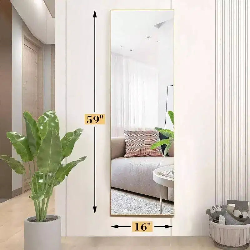 Specchio a figura intera dorato, 150x40 cm con supporto. Cornice in alluminio per appendere alla parete, appoggiare o autoportante in qualsiasi stanza
