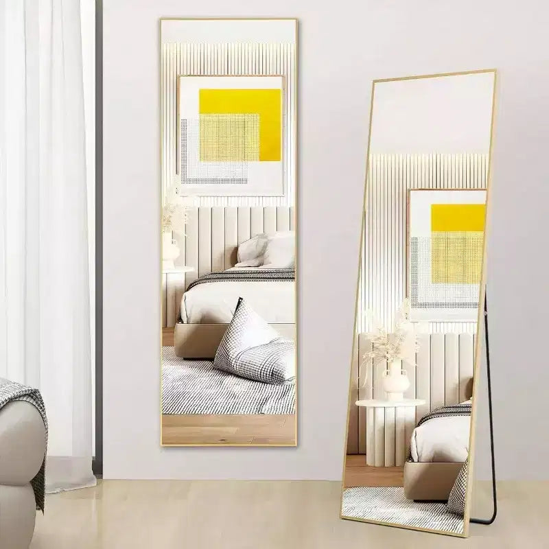 Specchio a figura intera dorato, 150x40 cm con supporto. Cornice in alluminio per appendere alla parete, appoggiare o autoportante in qualsiasi stanza