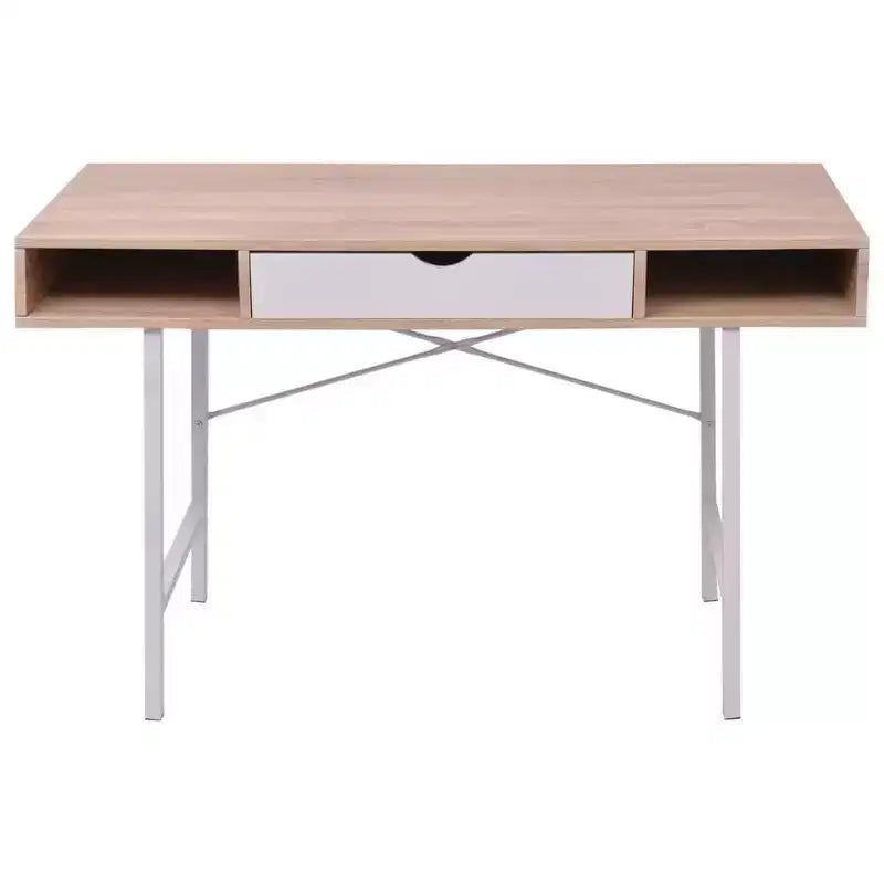 Scrivania moderna da 47" con 1 cassetto e 2 vani aperti, rovere e bianco, gambe in metallo
