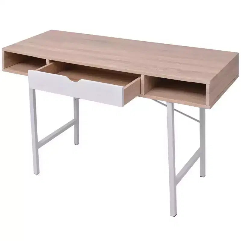 Scrivania moderna da 47" con 1 cassetto e 2 vani aperti, rovere e bianco, gambe in metallo