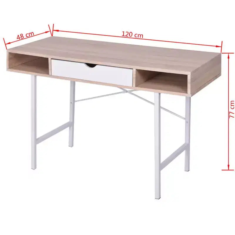 Scrivania moderna da 47" con 1 cassetto e 2 vani aperti, rovere e bianco, gambe in metallo