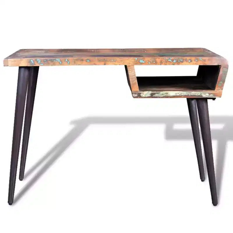 Scrivania in legno massello di recupero con gambe in ferro e ripiano aperto, 43" stile vintage