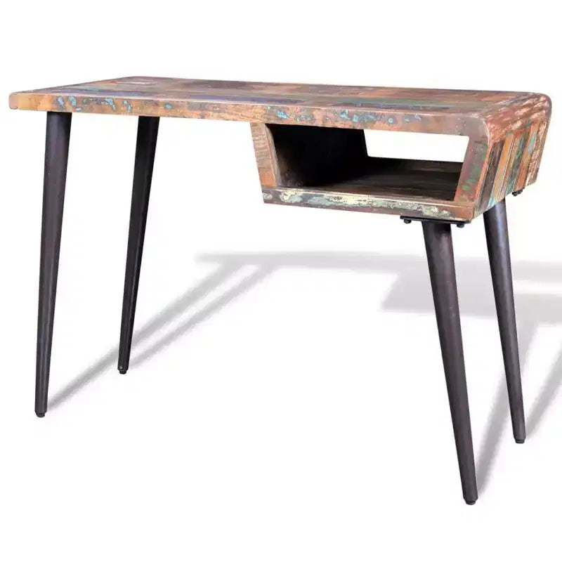 Scrivania in legno massello di recupero con gambe in ferro e ripiano aperto, 43" stile vintage