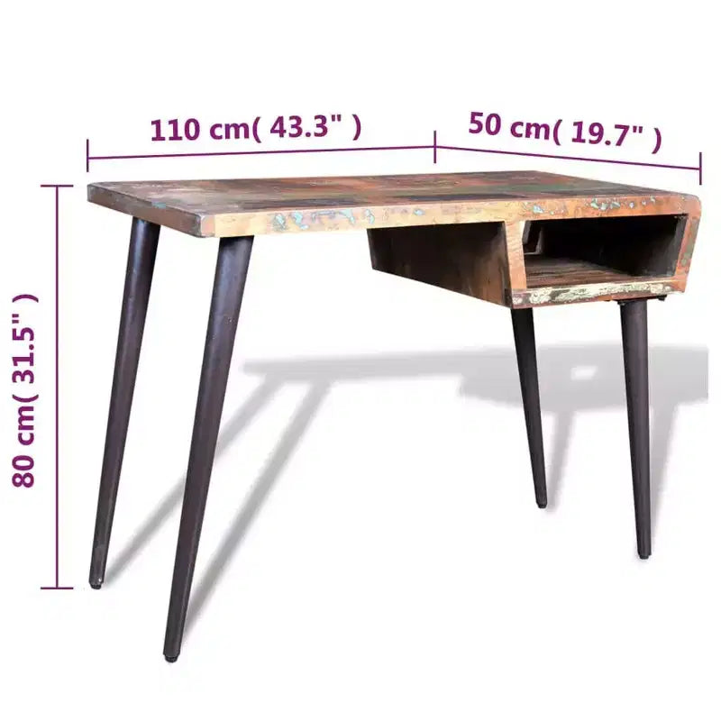 Scrivania in legno massello di recupero con gambe in ferro e ripiano aperto, 43" stile vintage