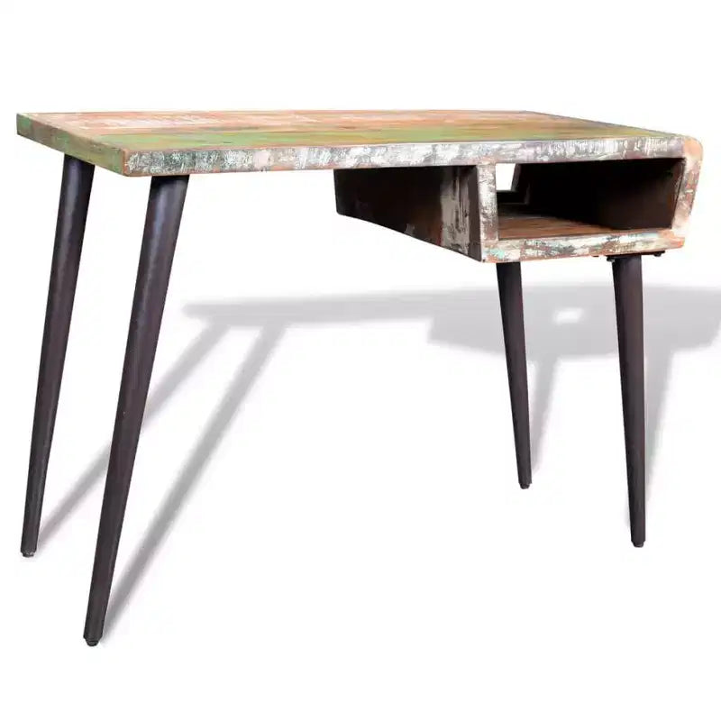 Scrivania in legno massello di recupero con gambe in ferro e ripiano aperto, 43" stile vintage