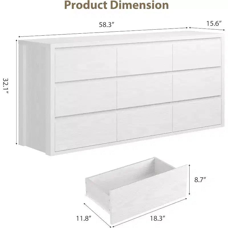 Cassettiera a 9 cassetti per camera da letto, Comò moderno e spazioso, Grande cassettiera in legno per soggiorno, corridoio, ingresso