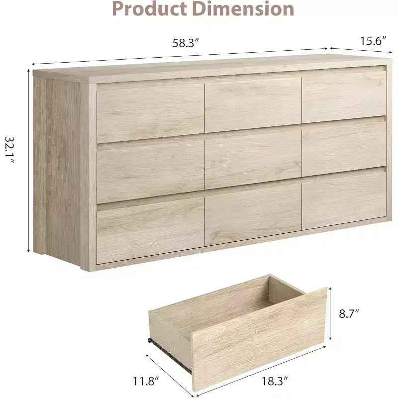 Cassettiera a 9 cassetti per camera da letto, Comò moderno e spazioso, Grande cassettiera in legno per soggiorno, corridoio, ingresso