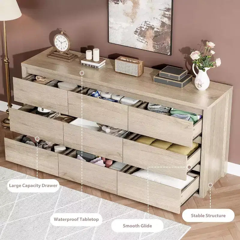 Cassettiera a 9 cassetti per camera da letto, Comò moderno e spazioso, Grande cassettiera in legno per soggiorno, corridoio, ingresso