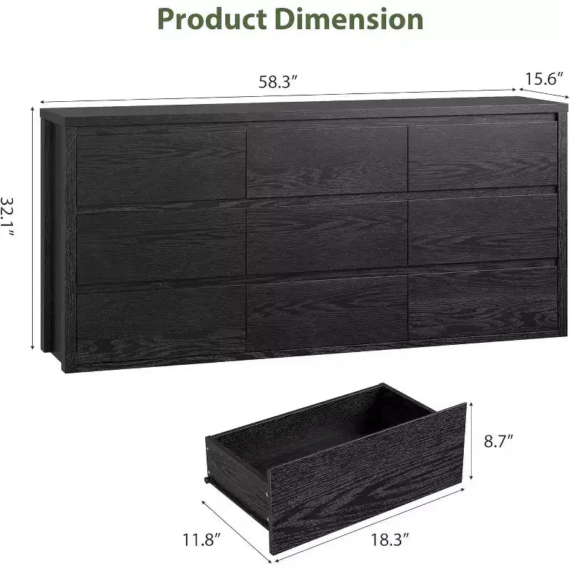 Cassettiera a 9 cassetti per camera da letto, Comò moderno e spazioso, Grande cassettiera in legno per soggiorno, corridoio, ingresso