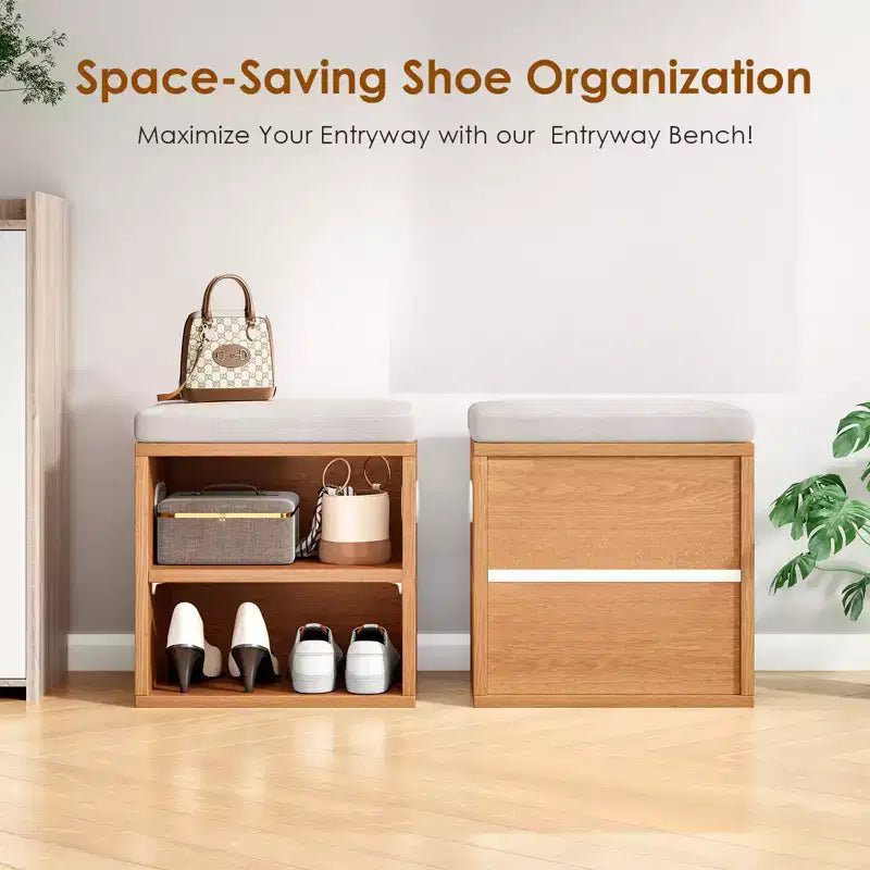 Modern Shoe Storage Bench with Soft Cushioned Seat, Wooden Frame & Built-In Storage