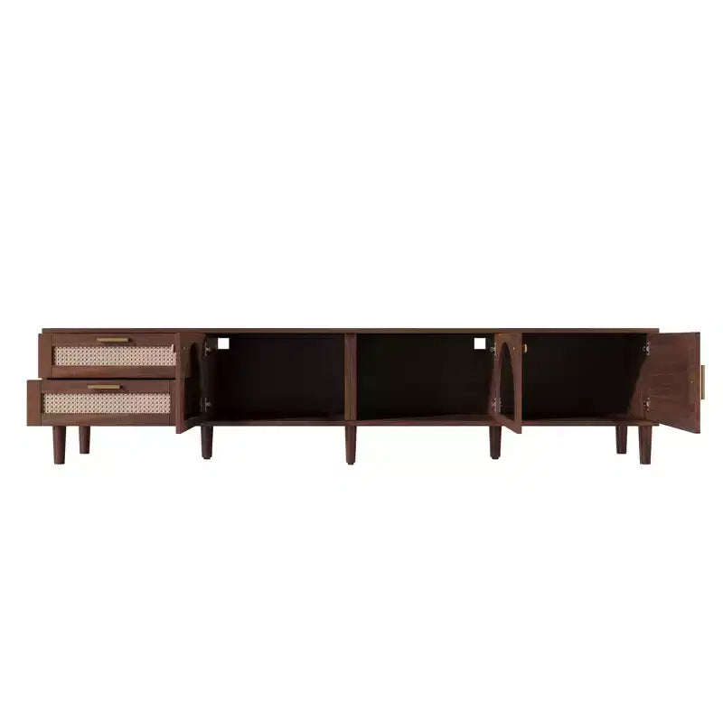 Mobile TV da 86" marrone scuro per TV fino a 90", LED controllabili da app, ante in rattan, 2 cassetti e vani in vetro