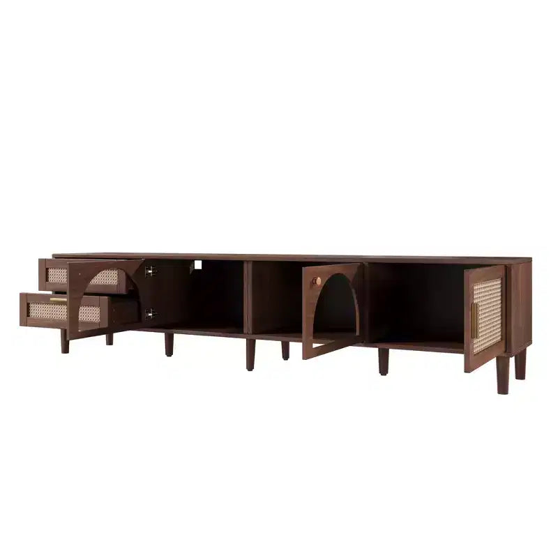Mobile TV da 86" marrone scuro per TV fino a 90", LED controllabili da app, ante in rattan, 2 cassetti e vani in vetro