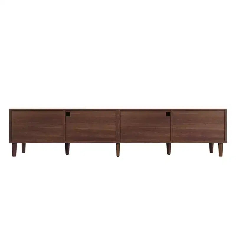 Mobile TV da 86" marrone scuro per TV fino a 90", LED controllabili da app, ante in rattan, 2 cassetti e vani in vetro