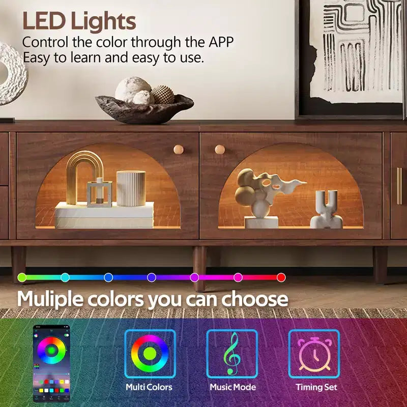 Mobile TV da 86" marrone scuro per TV fino a 90", LED controllabili da app, ante in rattan, 2 cassetti e vani in vetro