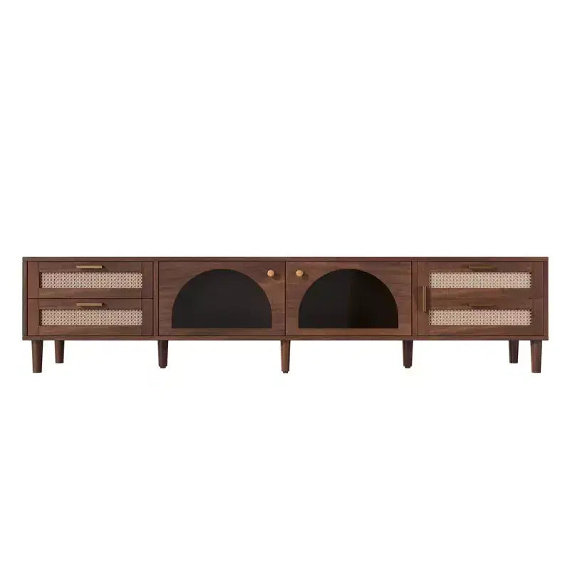 Mobile TV da 86" marrone scuro per TV fino a 90", LED controllabili da app, ante in rattan, 2 cassetti e vani in vetro