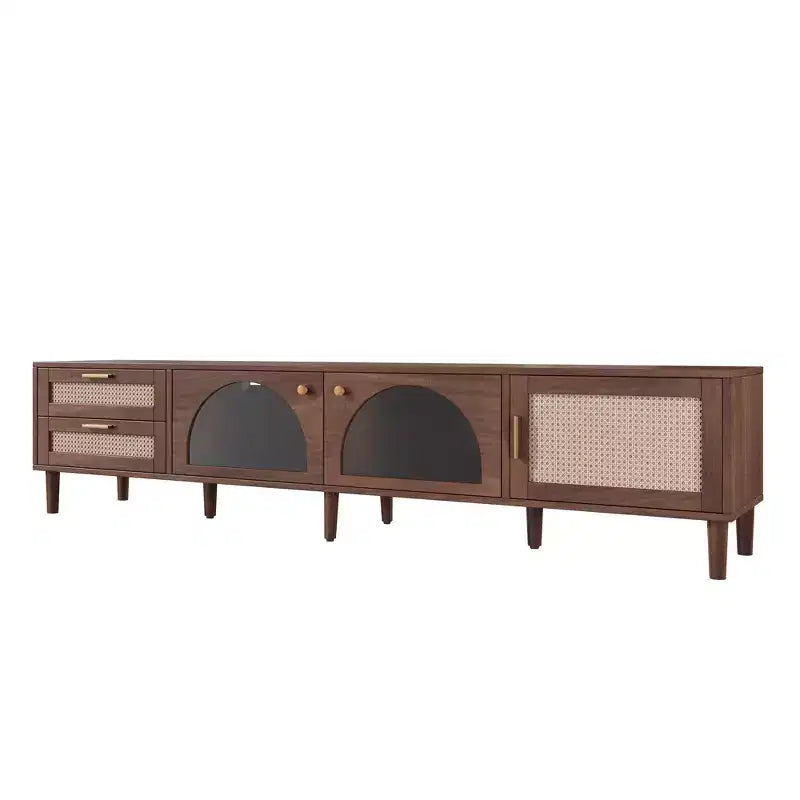 Mobile TV da 86" marrone scuro per TV fino a 90", LED controllabili da app, ante in rattan, 2 cassetti e vani in vetro