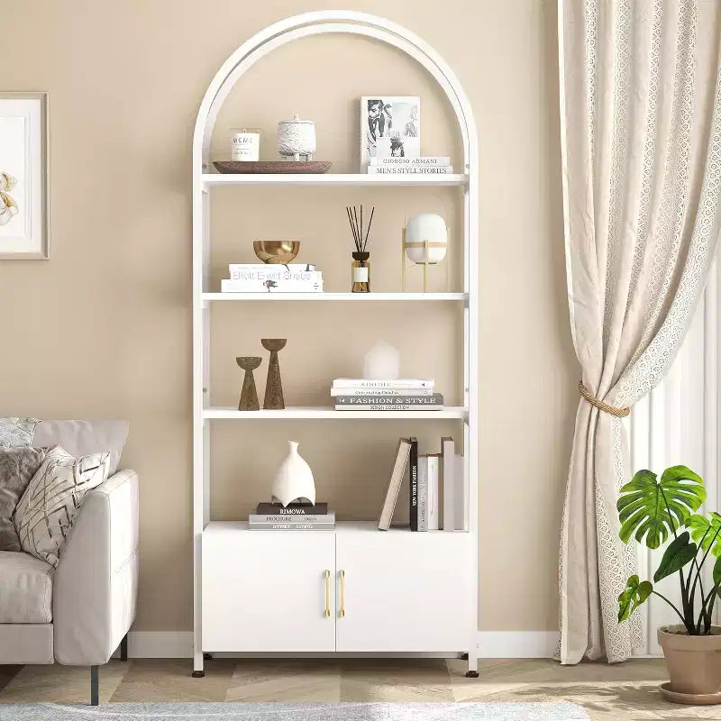 Libreria, Scaffale Alto con Mobiletto in Legno, Scaffalatura Verticale da Terra per Soggiorno e Ufficio, Bianco
