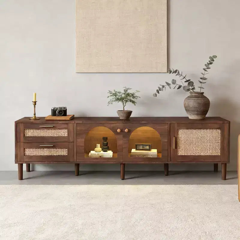 JVNOXK Modern Media Entertainment 86-inch TV Stand, suitable for TVs under 90 inches, featuring 2 drawers and glass door storage compartments-Brown