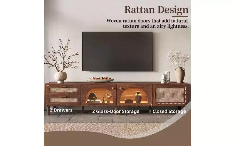 Mobile TV da 86" per TV fino a 90", Luci LED Controllabili da App, Ante in Rattan, 2 Cassetti e Vano con Ante in Vetro, Marrone