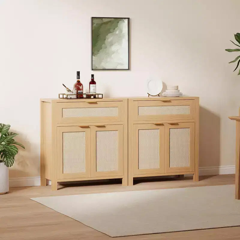 Madia in Rattan per Ingresso Mobile Buffet con Ripiani Regolabili e Cassetto per Cucina/Sala da Pranzo/Soggiorno (Robusta Struttura in Legno)