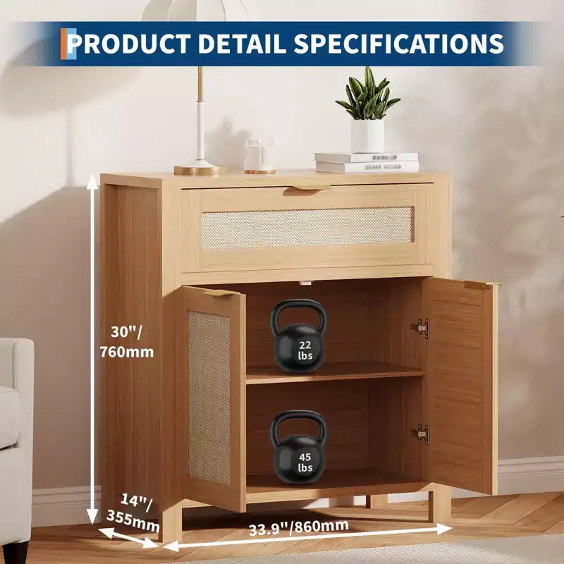 Madia in Rattan per Ingresso Mobile Buffet con Ripiani Regolabili e Cassetto per Cucina/Sala da Pranzo/Soggiorno (Robusta Struttura in Legno)