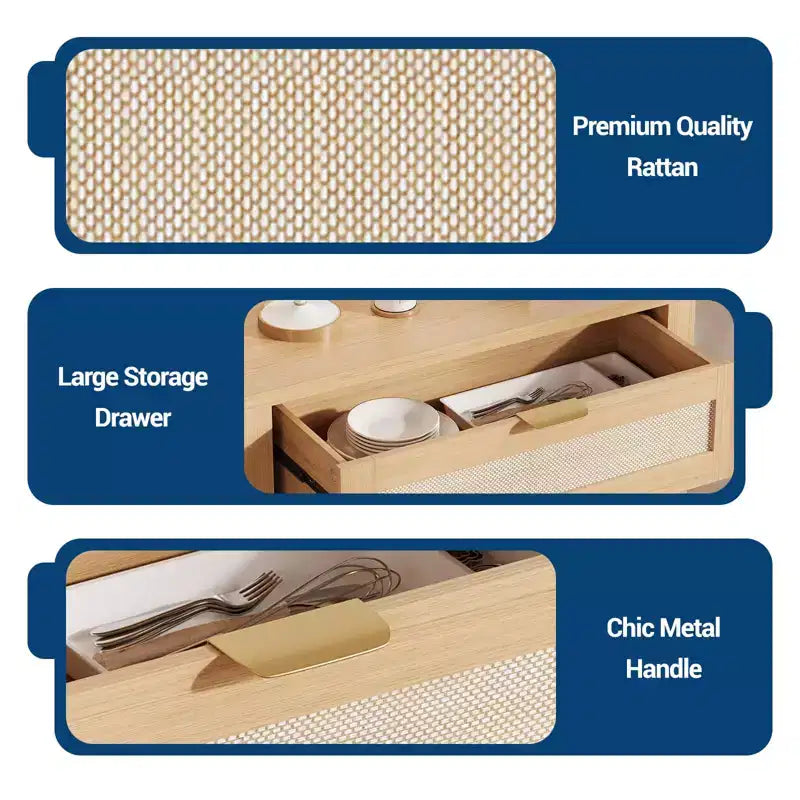 Madia in Rattan per Ingresso Mobile Buffet con Ripiani Regolabili e Cassetto per Cucina/Sala da Pranzo/Soggiorno (Robusta Struttura in Legno)