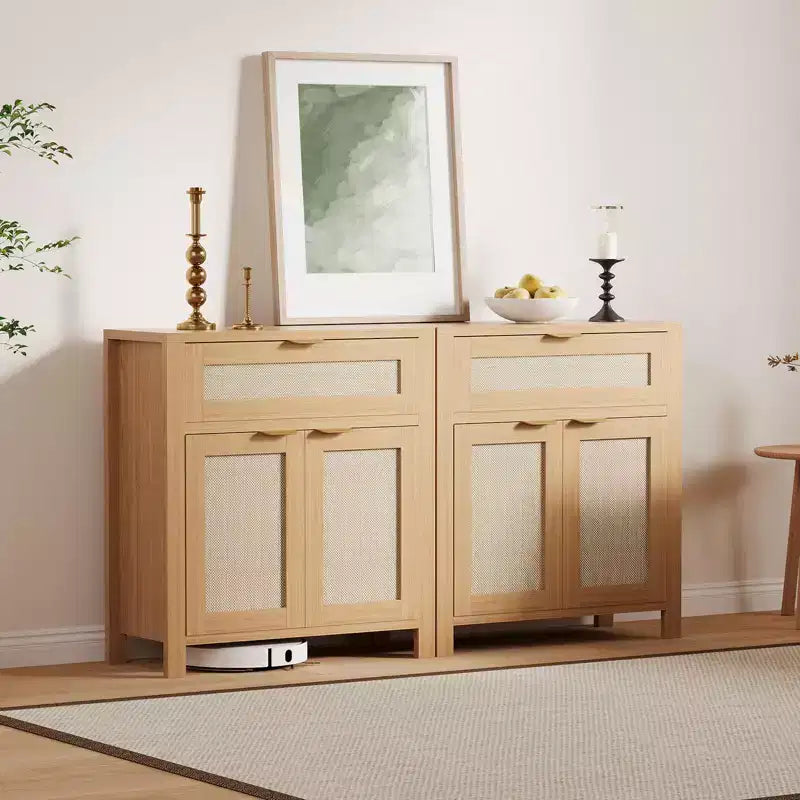 Madia in Rattan per Ingresso Mobile Buffet con Ripiani Regolabili e Cassetto per Cucina/Sala da Pranzo/Soggiorno (Robusta Struttura in Legno)