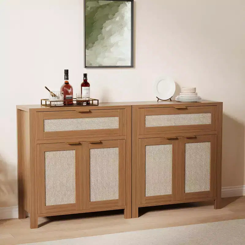 Rattan Entryway Sideboard  Adjustable Shelves & Drawer Buffet Cabinet for Kitchen/Dining/Living Room (Sturdy Wood Construction)